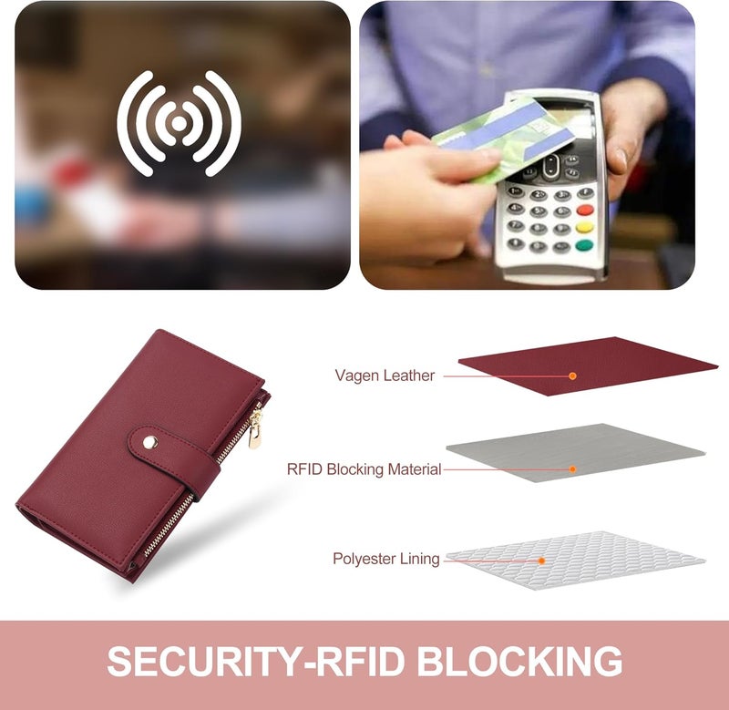 yiijay Womens Wallet RFID Blocking Leather Trifold Clutch Wallet Credit Card Holder Ladies Travel Wallet Purse with Pen Holder - Image 5
